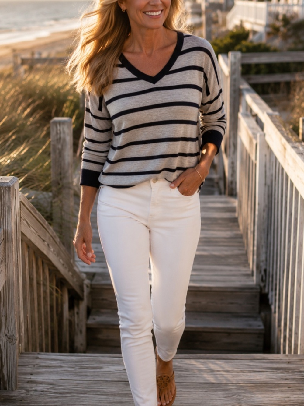 VINCE Gray Navy Stripe V-Neck Sweater Small Lightweight Knit Coastal Quiet Luxur